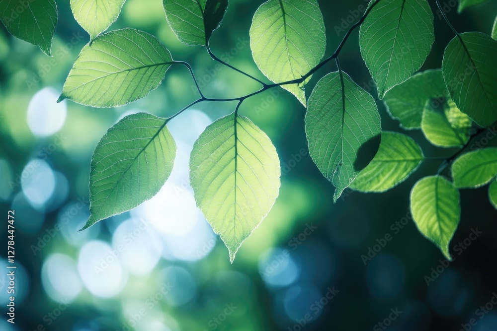 Poster a detailed view of a tree branch covered in lush green leaves, suitable for nature or botanical them