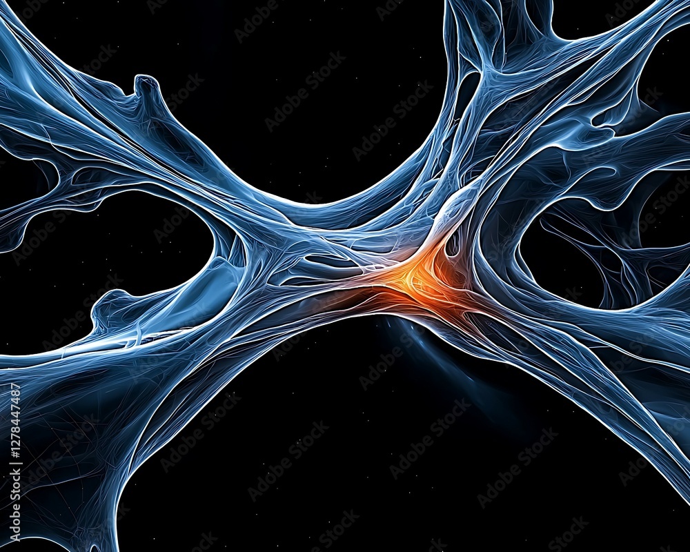 Poster abstract digital art showcasing intricate blue and orange shapes resembling flowing streams or neura