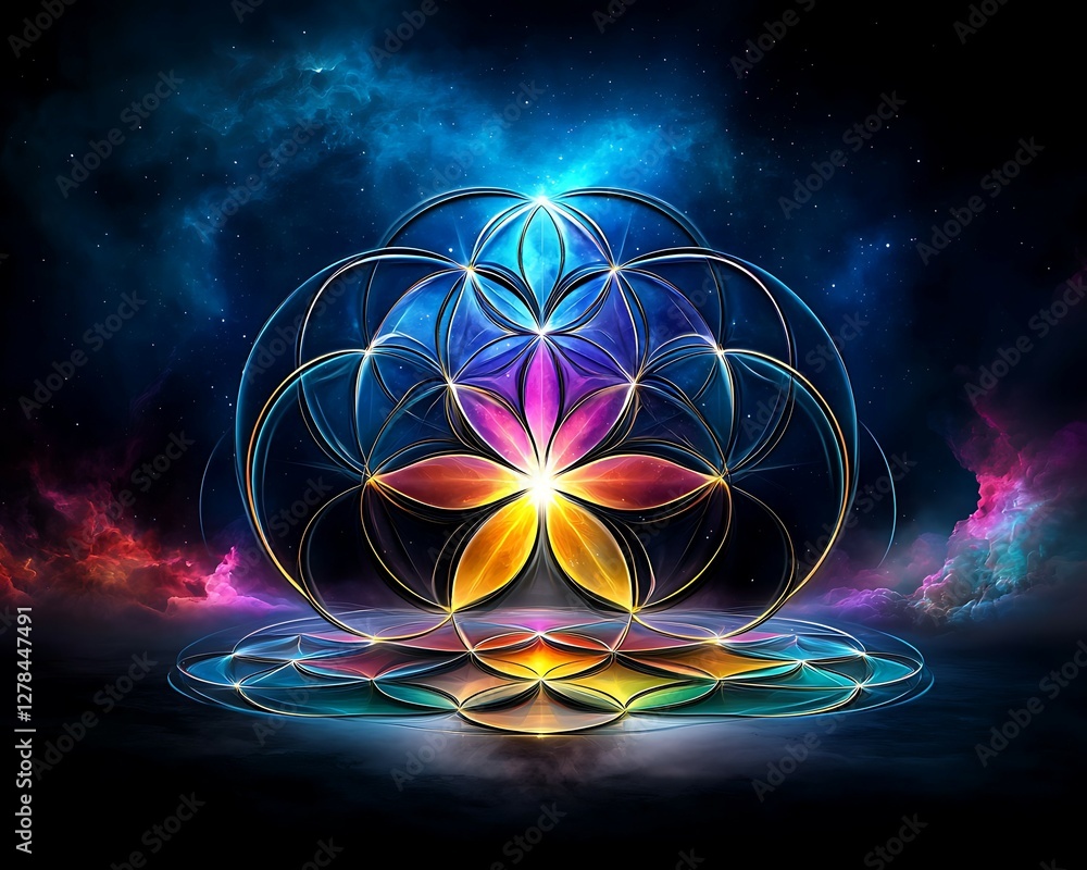 Aufkleber vibrant abstract design featuring geometric shapes and colorful gradients against a cosmic backgroun