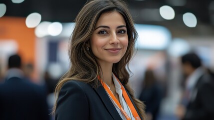 Obraz premium Professional Hispanic Woman Smiling at a Business Conference, With Long Hair and a Dark Suit, Engaging in Networking at a Corporate Event
