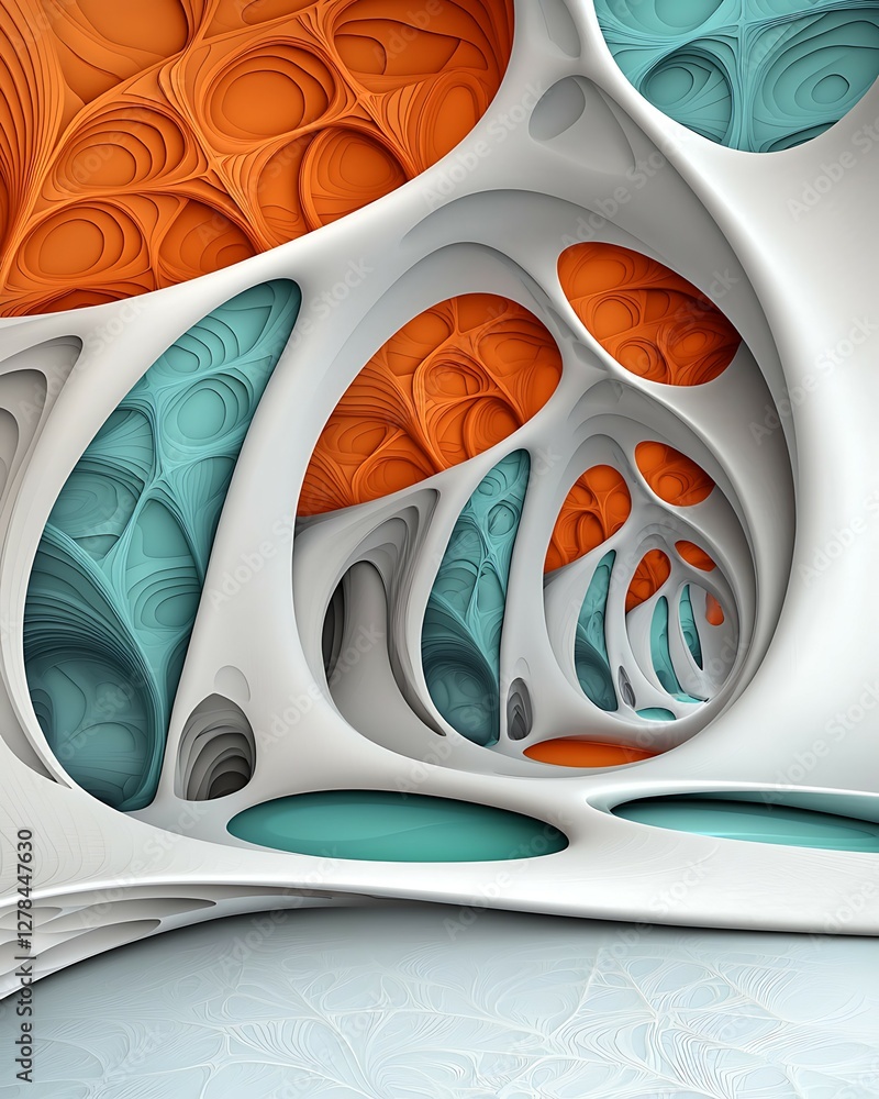 Poster abstract fractal design featuring vibrant orange and teal shapes within a white, textured environmen