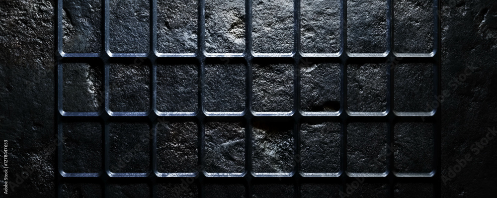 Aufkleber abstract geometric pattern with black square grid on dark textured stone surface
