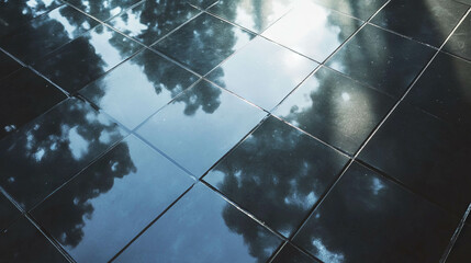 Reflective black tile surface with mirror inserts highlighting nature's beauty