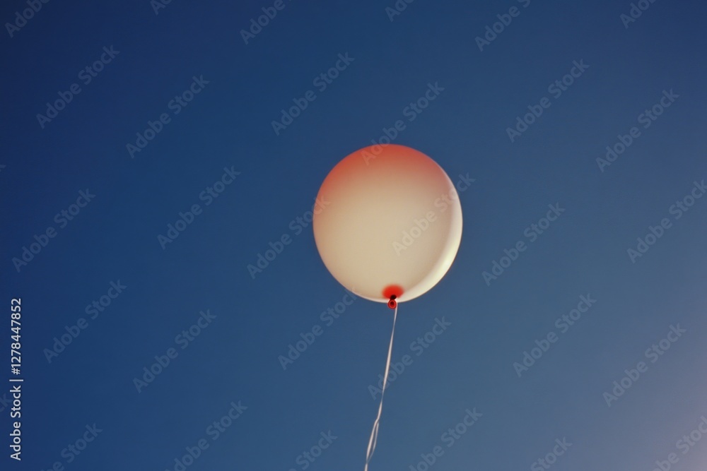Poster a bright red and white balloon floating in a clear blue sky, perfect for use as a decorative element