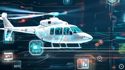 Futuristic white helicopter rotating, augmented reality user interface showing flight and telemetry data - Powered by Adobe