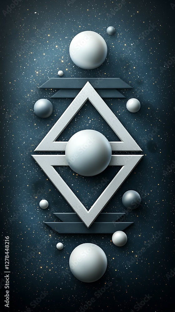 Poster abstract geometric design featuring spheres and a diamond shape against a dark, starry background. d