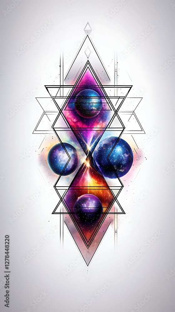 Poster abstract geometric design featuring colorful spheres within a star-like structure, blending vibrant 