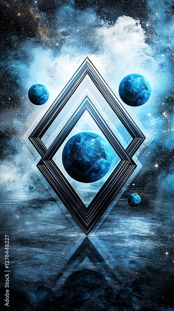 Poster abstract cosmic scene with geometric shapes and blue planets against a starry background, creating a