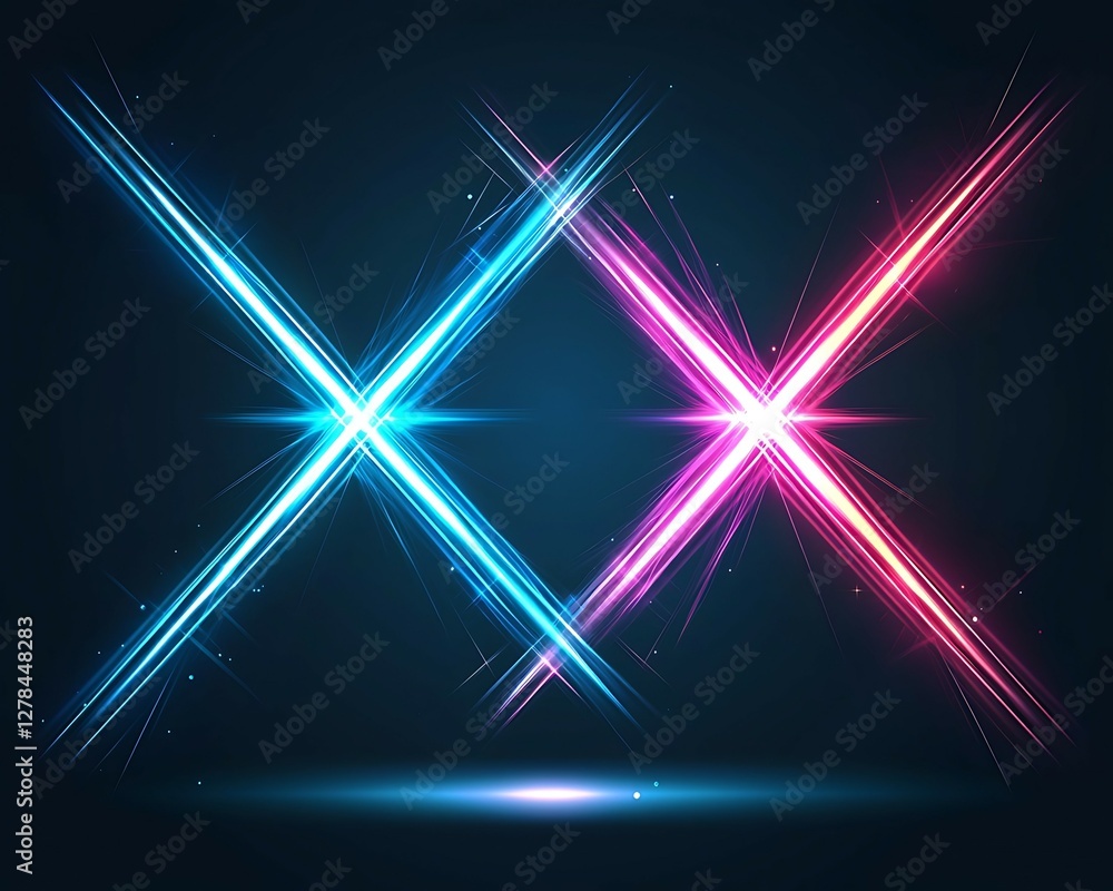 Poster bright neon crossed beams in blue and pink on a dark background, creating a striking visual effect. 