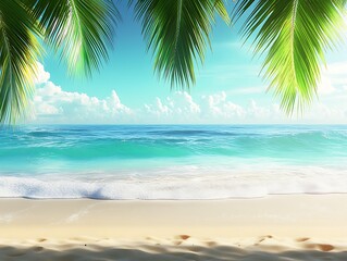 Fototapeta premium Tropical beach, ocean view, palm leaves, sunny sky, vacation