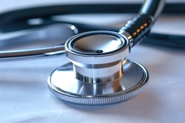 A close-up view of a medical stethoscope resting on a table, ideal for use in healthcare or medical settings