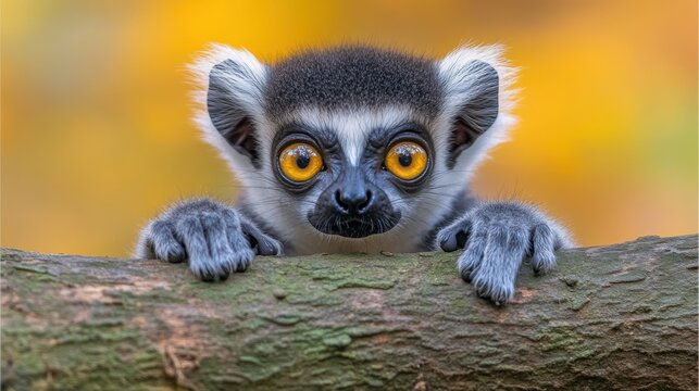A dramatic close-up of a ring-tailed lemur sitting on a tree branch at sunrise, its large golden eyes glowing against the soft orange sky. - Powered by Adobe