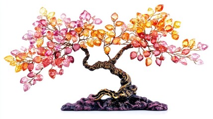 A decorative Feng Shui tree with vibrant gemstone leaves, glowing softly on a white backdrop.