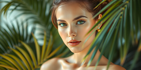Fototapeta premium Stunningly beautiful tanned girl with natural make-up and long hair woman stands in tropical jungle exotic plants palms. Sensual model captivating portrait showcasing natural beauty and exotic allure