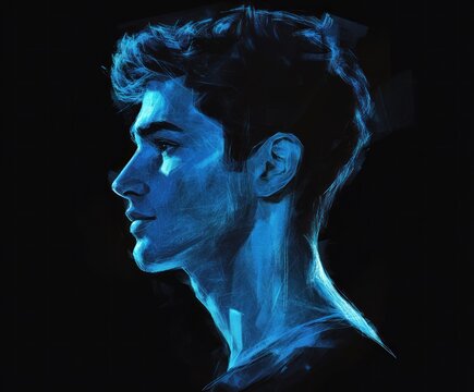 Blue-toned profile portrait of a young man.