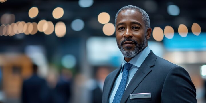 Portrait of a Confident Middle-Aged African American Male Professional in a Tailored Suit at a Modern Business Conference Event Surrounded by Blurry Background Activity