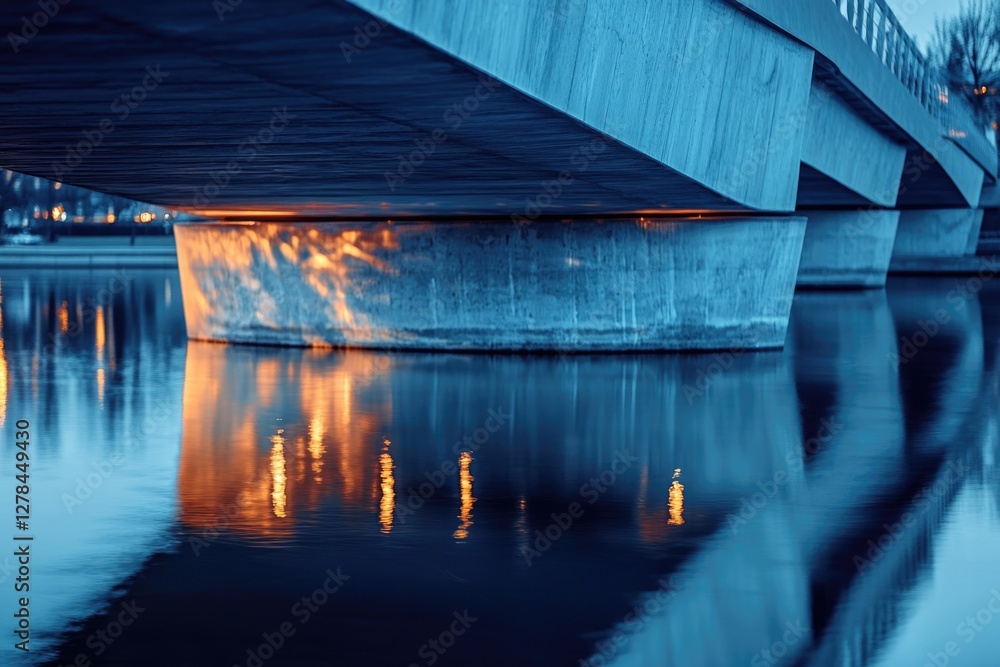 Poster a serene scene of a bridge illuminated at night with the surrounding body of water in the background