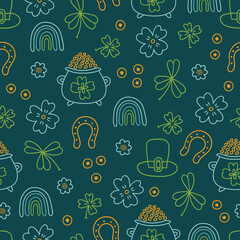 St. Patrick's Day seamless pattern with pot of gold, rainbow, flower, quatrefoil, coin, clover, horseshoe on dark green background. Perfect for wallpaper, gift paper, season greeting cards. 
