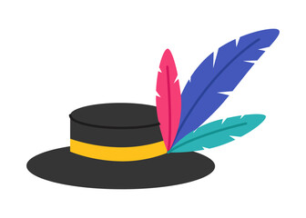Black men's carnival hat with strip and feathers. Masquerade accessory. Headwear for Brazil carnival, Venetian carnival, Mardi Gras. Vector flat illustration isolated on white background