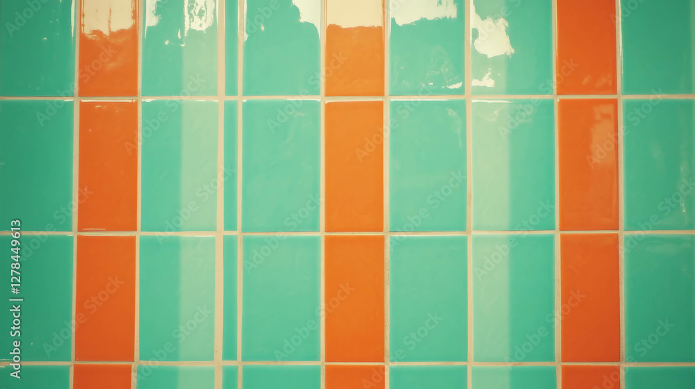 Poster vibrant blue and orange tiled wall texture with striped pattern for design