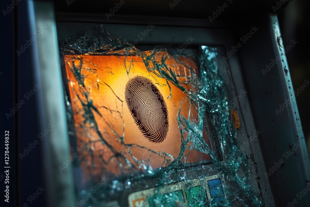 Poster a fingerprint is revealed on the edge of a broken glass window, with fragments scattered around