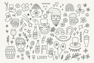 St. Patrick's Day set - leprechaun, shamrock, rainbow, beer bottle, flower, hat, flag, garland on white background. Perfect for seasonal greeting cards. Vector outline hand drawn illustration