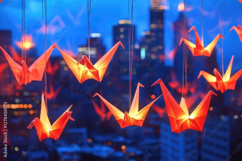 Poster origami cranes hanging from strings against urban backdrop