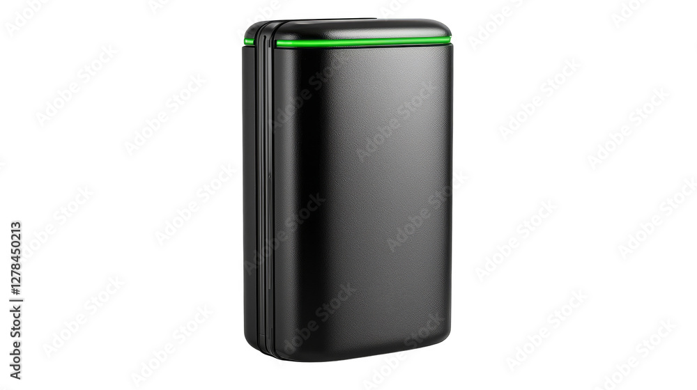 Poster a black rectangular device with rounded edges and a thin, glowing green line at the top.