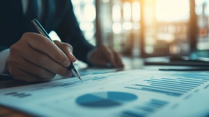 Business Analysis, Man Holding Pen, Data Sheets, Graphs, Office Work