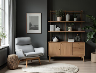 Grey barrel chair against of window and wooden shelving unit and cabinet on dark wall. Scandinavian style interior design of modern living room