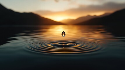 Serene sunset over a tranquil lake with a water droplet creating ripples