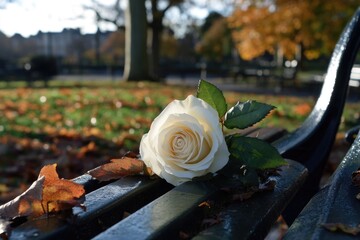 A single white rose sits on top of a wooden bench