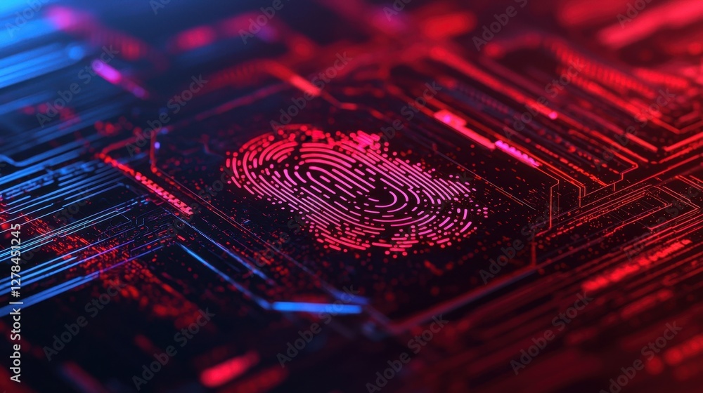 Poster a digital fingerprint is illuminated in red and blue hues on a circuit-like background, symbolizing 