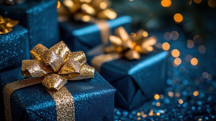 Navy blue gifts, gold bows, bokeh lights, festive season, holiday card