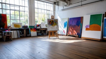 Artist's studio sunlight paintings creative workspace