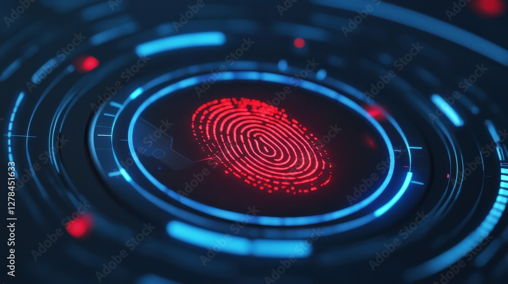 Aufkleber a futuristic fingerprint design surrounded by glowing blue and red digital elements, symbolizing sec