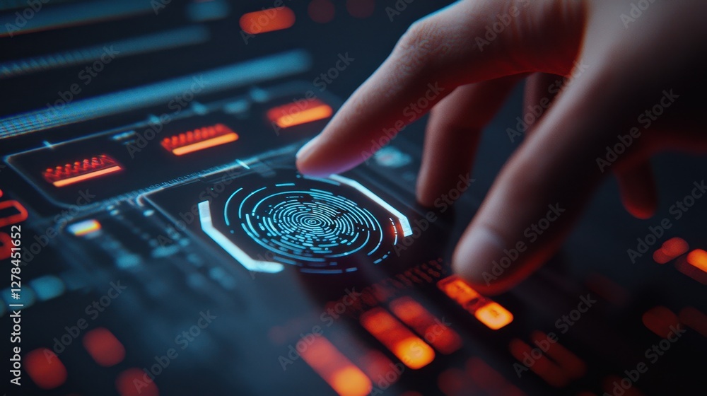 Poster a hand interacts with a glowing fingerprint scanner on a digital interface, symbolizing advanced tec
