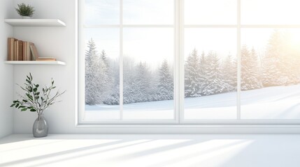 Bright minimalist room with large window overlooking snowy winter landscape.