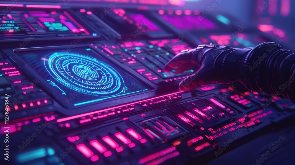 Poster a futuristic control panel illuminated with vibrant neon colors, featuring intricate designs and a h