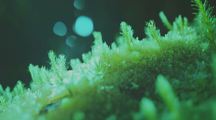 Fototapeta premium Lush close-up of bright pale green moss with soft lighting for natural backgrounds