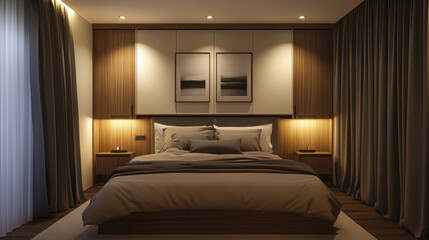Modernbedroomwithwoodenaccentsandsoftlighting