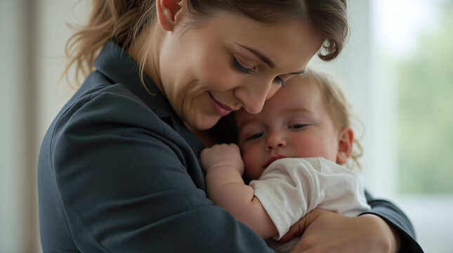 Working Mom Hugging Baby Child, Businesswoman in Suit Returning Home from Work, Balancing Career and Parenthood of Being a Mother