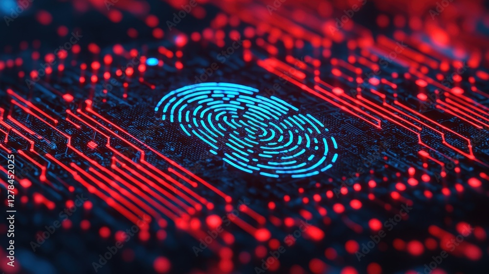 Poster a stylized fingerprint on a digital circuit backdrop, highlighted in blue and red, symbolizing secur