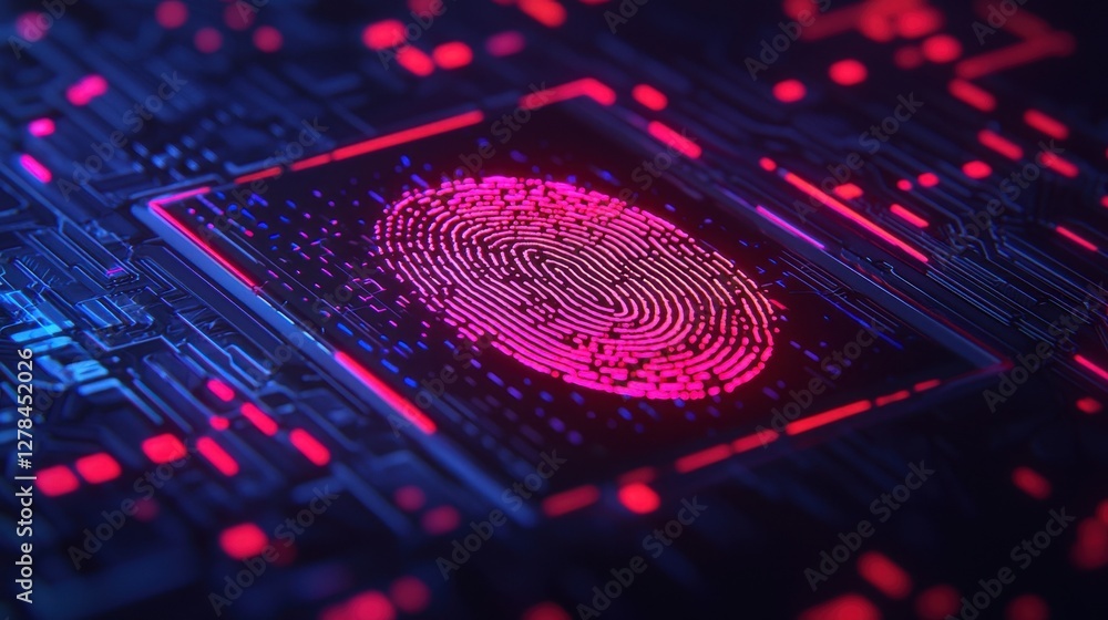 Poster a vibrant digital fingerprint is displayed against a high-tech circuit board background, emphasizing