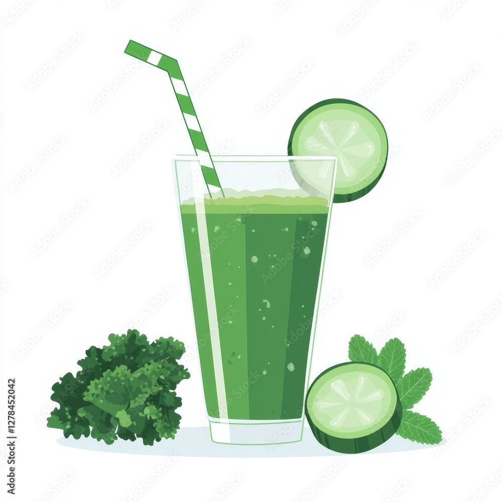 Poster refreshing flat design green smoothie with kale and cucumber
