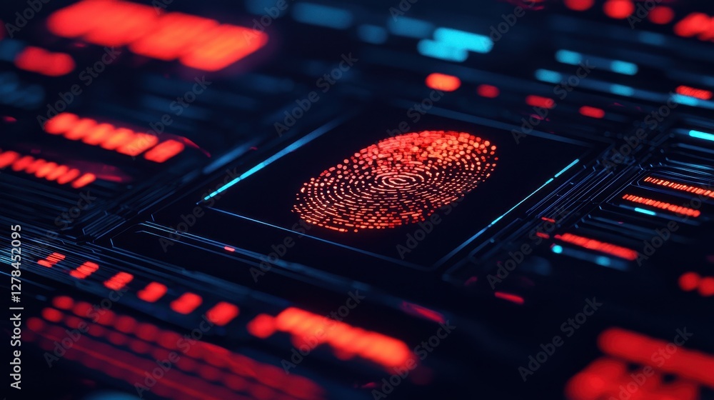 Poster a close-up of a digital fingerprint in vibrant red against a high-tech background, representing biom