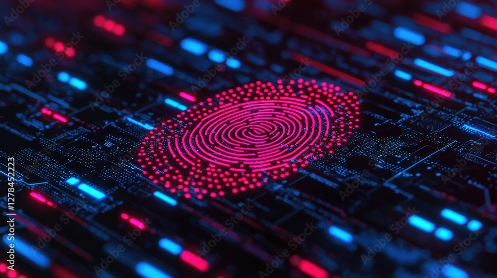 Poster a vibrant digital fingerprint emerges from a circuit board background, symbolizing technology and se