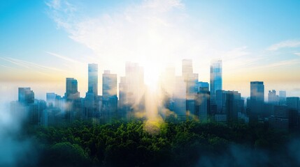 Vibrant City Skyline at Sunrise with Green Landscape