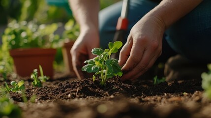 Gardening planting hands close up young plant soil pot, natural green gardening scene