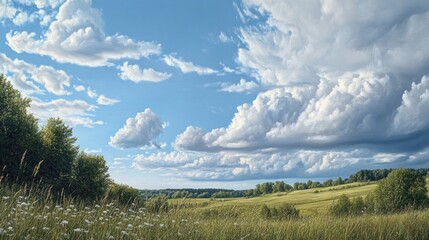 Obraz premium A serene landscape featuring grass and trees under a cloudy sky